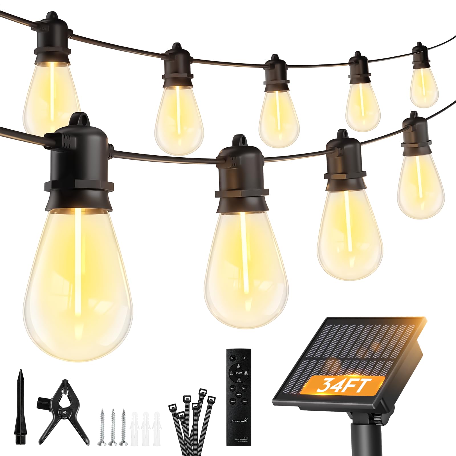 Minetom 34FT Solar String Lights Outdoor Waterproof, 9 LED S14